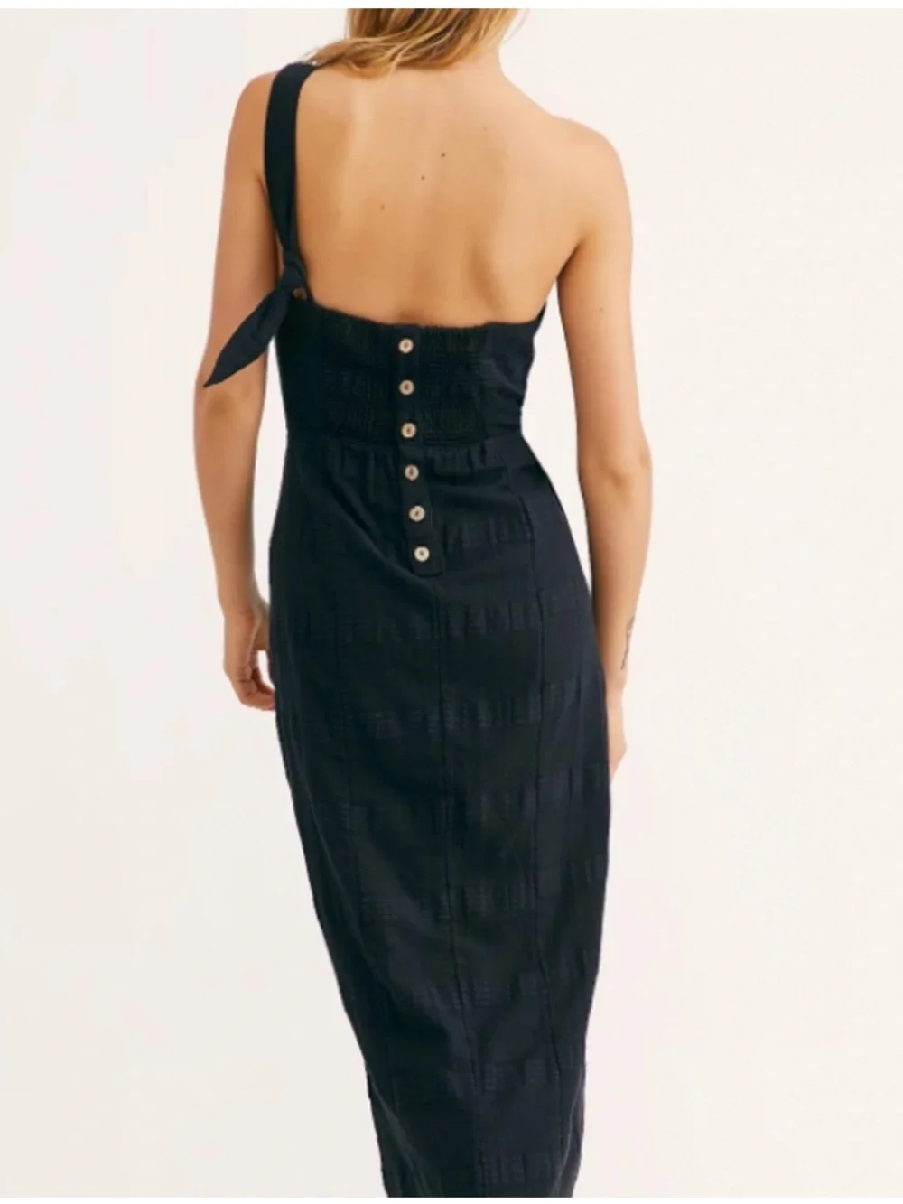 Free People At Leisure One Shoulder Black Midi Dress Side Tie Wrap Size Small